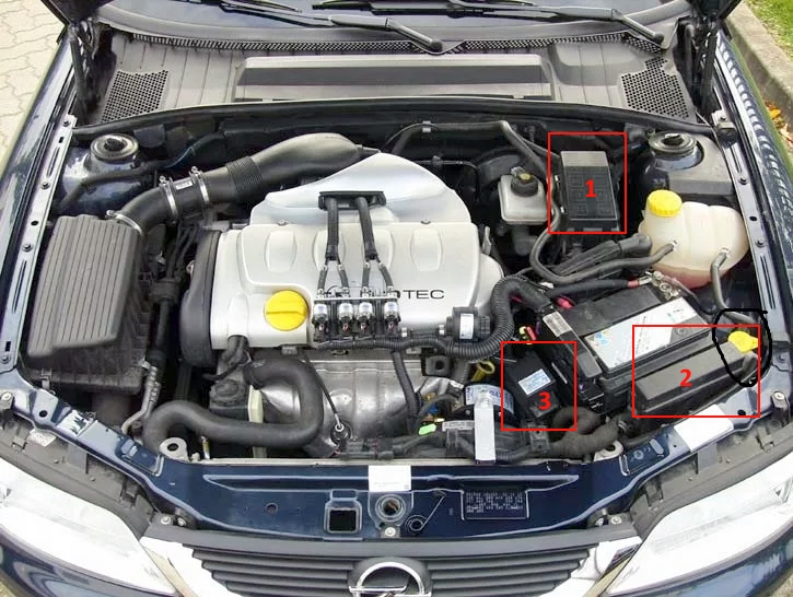 Umiejscowienie klocków pod maską Opel Vectra b